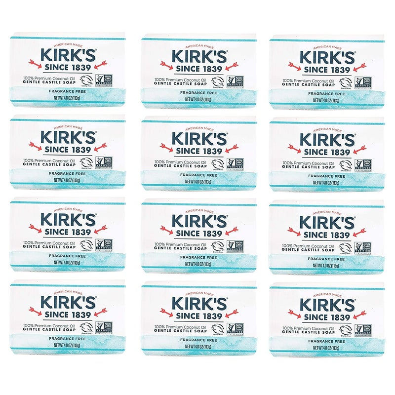 Kirk's Castile Bar Soap by KirkÃ¢â‚¬â„¢s | Clean Soap for Men, Women & Children | Premium Coconut Oil | Sensitive Skin Formula, Vegan | Fragrance-Free/Unscented | 4 oz. Bars - 12 Pack - Image 1